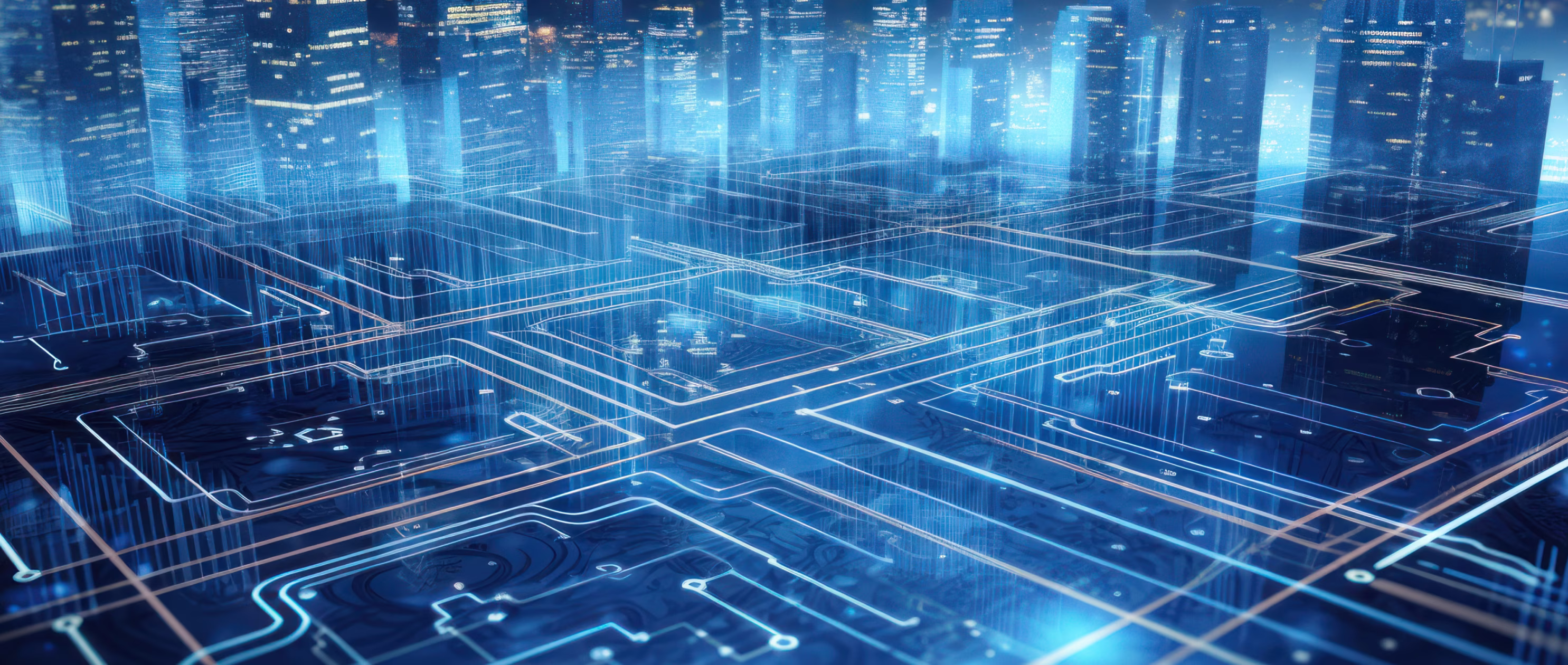 Abstract circuit board over a city skyline